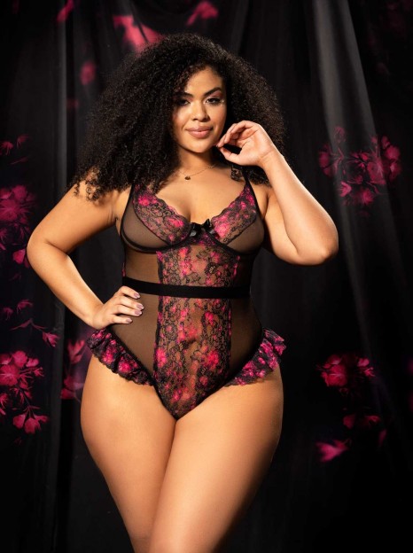 Body MB8645X rendado com flores e folhos