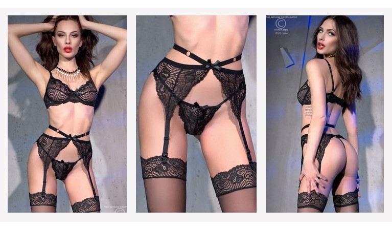 Lingerie CR-4413 preto 4 peças (incluí meias)