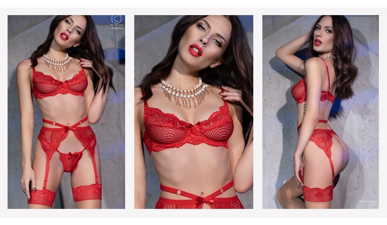 Lingerie CR-4413 vermelho 4 peças (incluí meias)