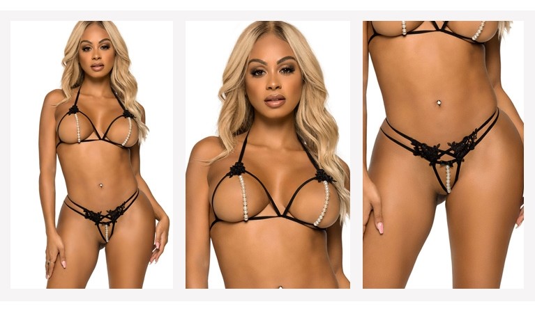 Conjunto soutien e tanga aberta com pérolas