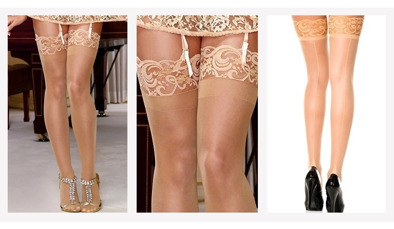 LA1101 Meias de liga nude com renda (com linha vertical atrás)