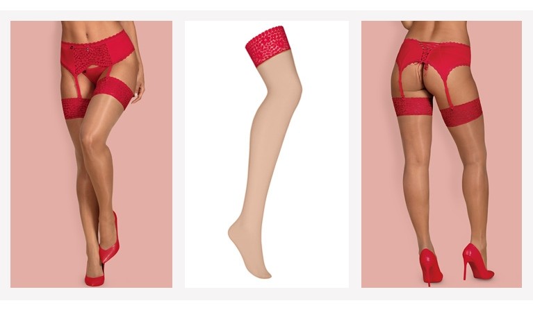 Jolierose meias de liga vermelho/pele