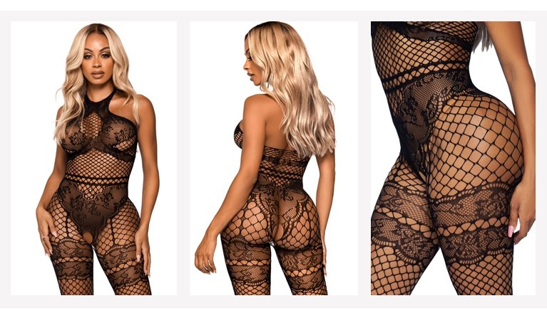 Bodystocking de rede floral preto